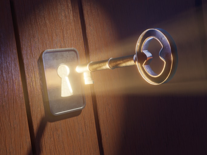 Light filtering through a keyhole Key entering a luminous keyhole. Digital illustration, 3D rendering.