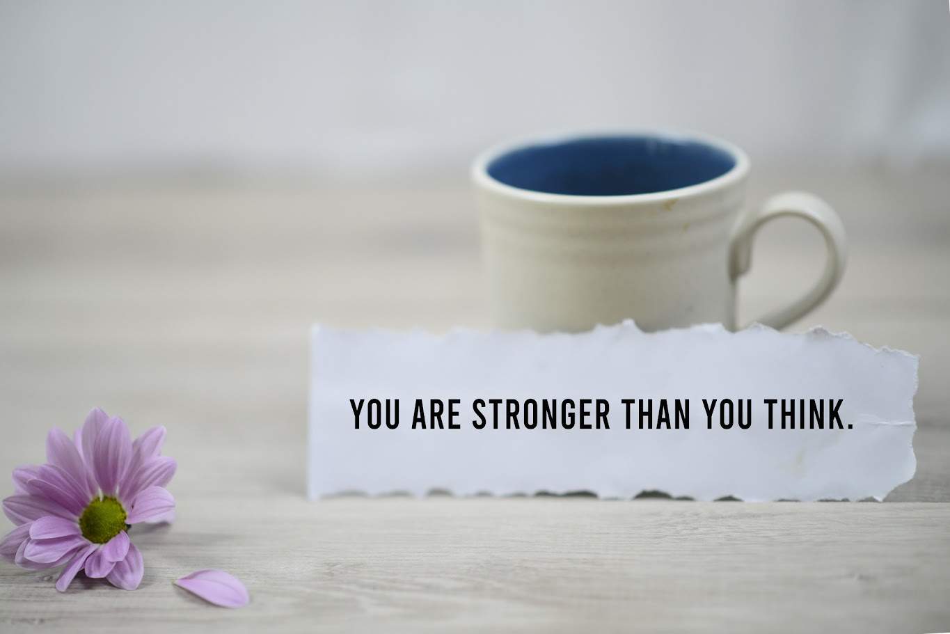 Rhee Blog Stronger Inspirational quote - You are stronger than you think. With a cup of morning coffee and beautiful purple daisy flower on white wooden table background. Motivation words on paper note with motivating text concept.